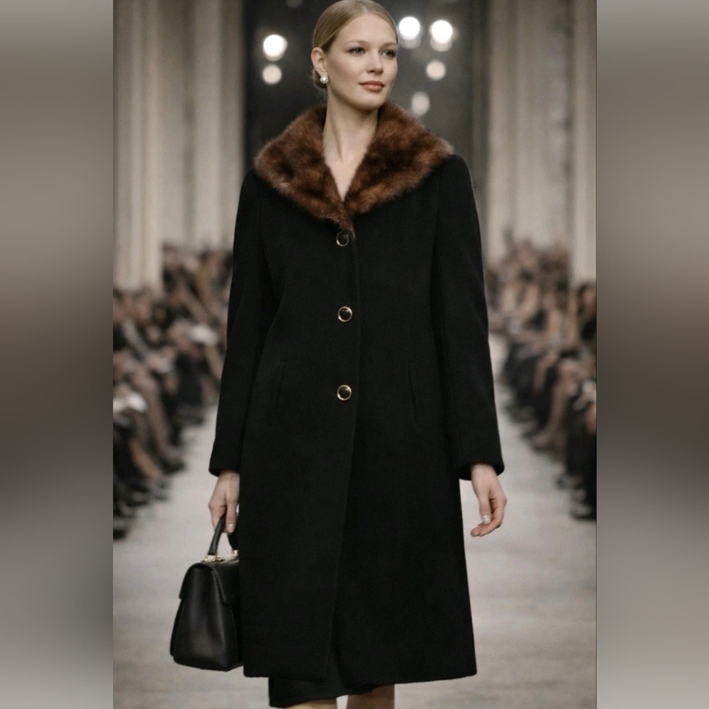 Black Cashmere Coat with Fur Collar